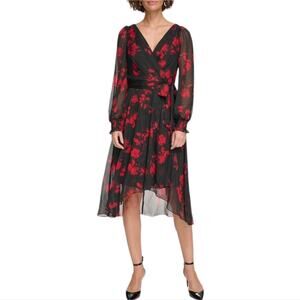 DKNY Red and Black Floral Long Balloon Sleeve with Wrap Skirt Plus Size 16 New!‎